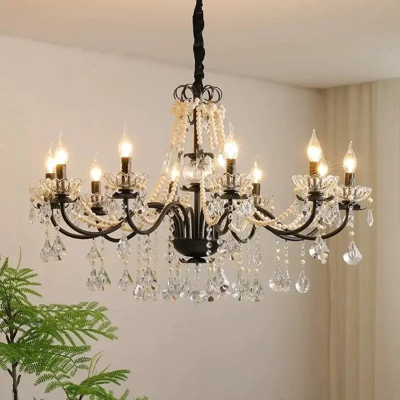 Black crystal chandelier with pearls foyer pendant light