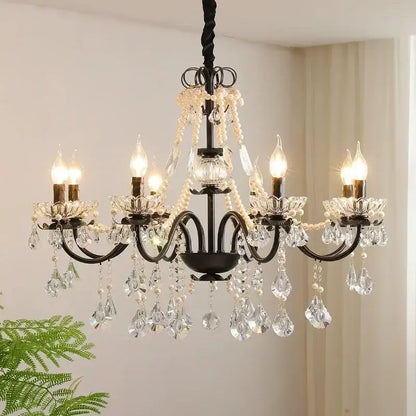 Black crystal chandelier with pearls foyer pendant light