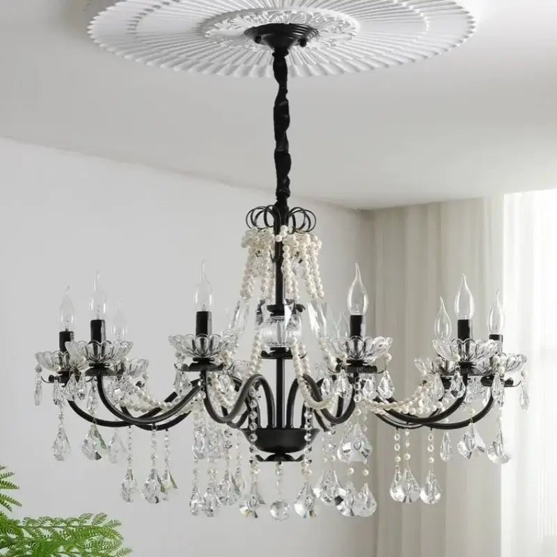 Black crystal chandelier with pearls foyer pendant light
