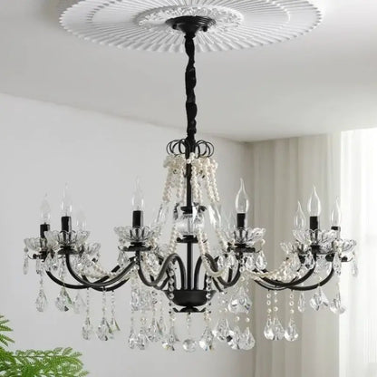 Black crystal chandelier with pearls foyer pendant light