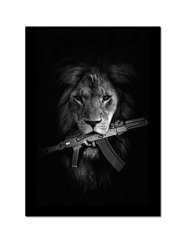Modern black doberman dog canvas art with golden pistol living room