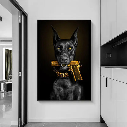 Modern black doberman dog canvas art with golden pistol living room