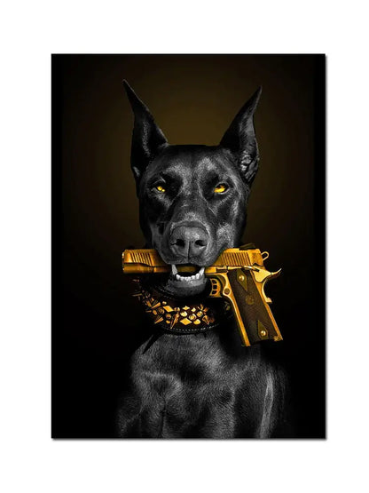 Modern black doberman dog canvas art with golden pistol living room