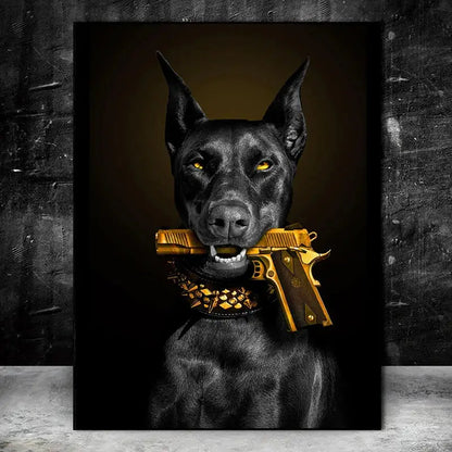 Modern black doberman dog canvas art with golden pistol living room