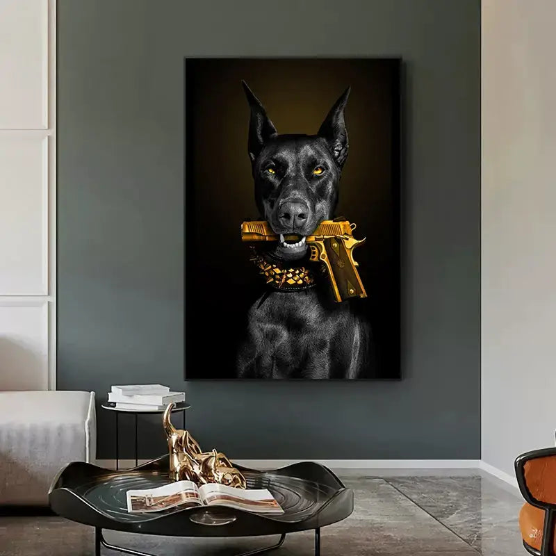 Modern black doberman dog canvas art with golden pistol living room