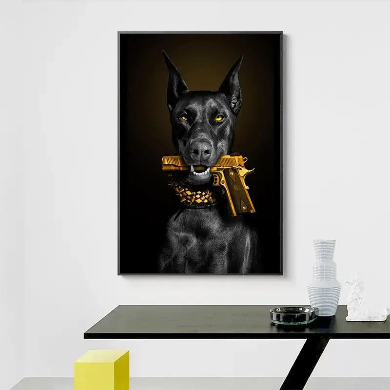 Modern black doberman dog canvas art with golden pistol living room