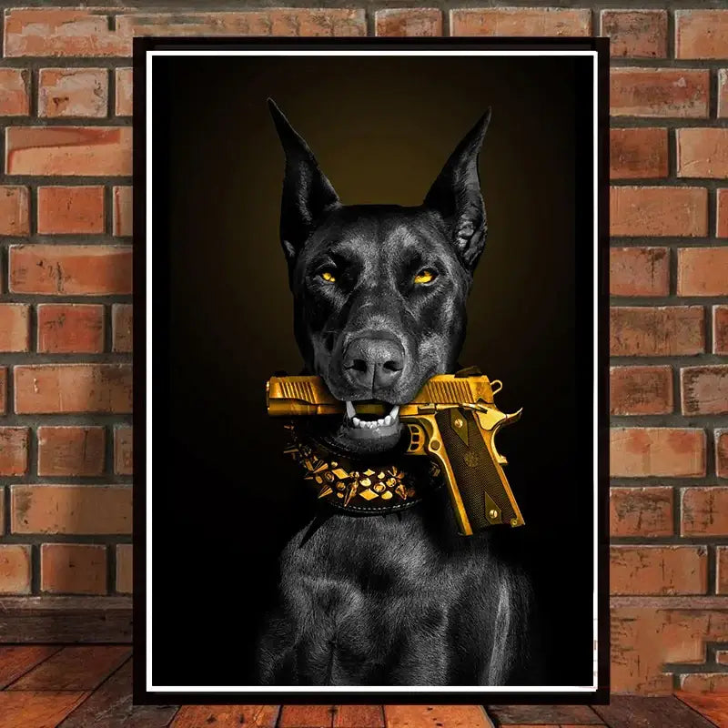 Modern black doberman dog canvas art with golden pistol living room