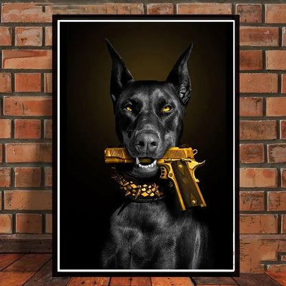 Modern black doberman dog canvas art with golden pistol living room