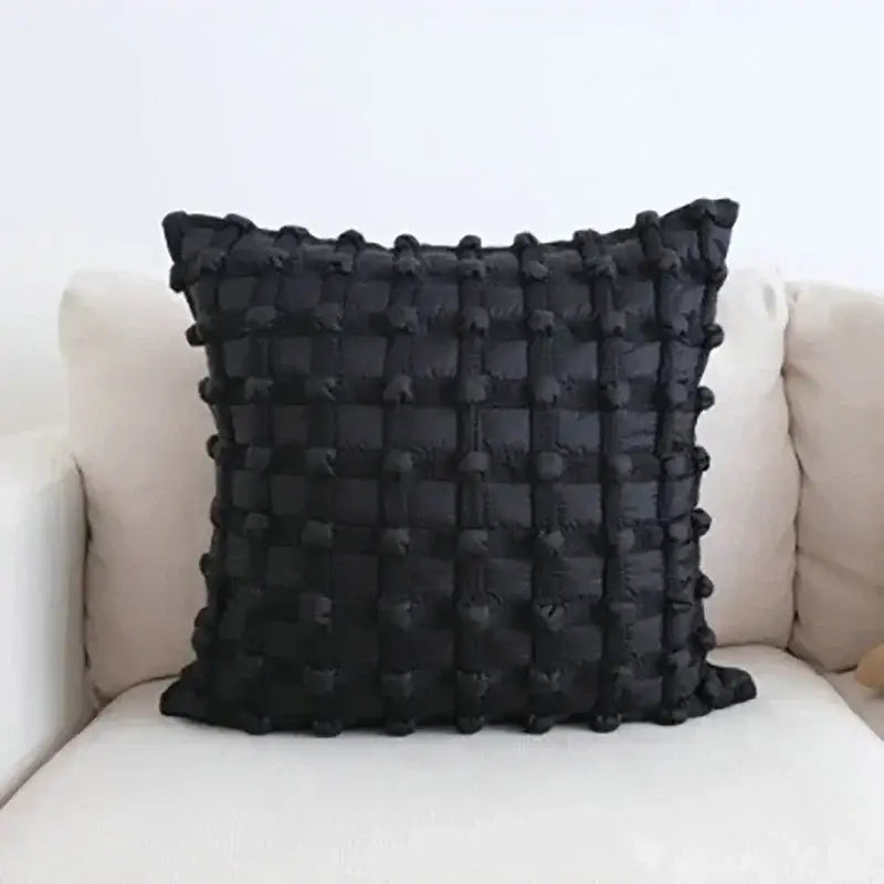 Black dot bubble quilted cushion cover bedroom pom pom decor