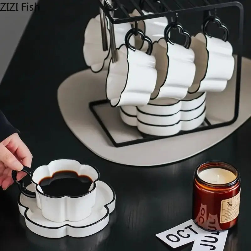 Black edged flower mug set – kitchen white & black ceramic cup