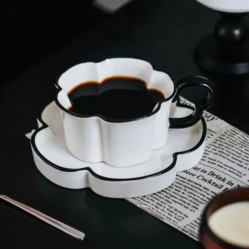 Black edged flower mug set – kitchen white & black ceramic cup