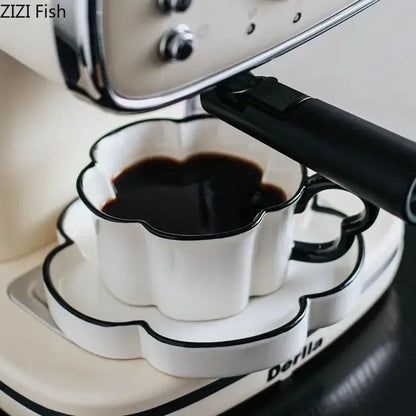 Black edged flower mug set – kitchen white & black ceramic cup