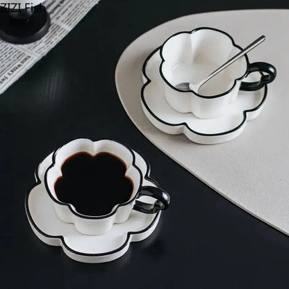 Black edged flower mug set – kitchen white & black ceramic cup