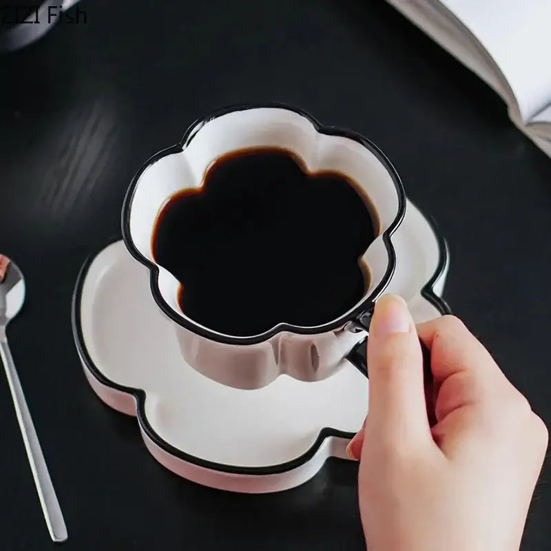 Black edged flower mug set – kitchen white & black ceramic cup