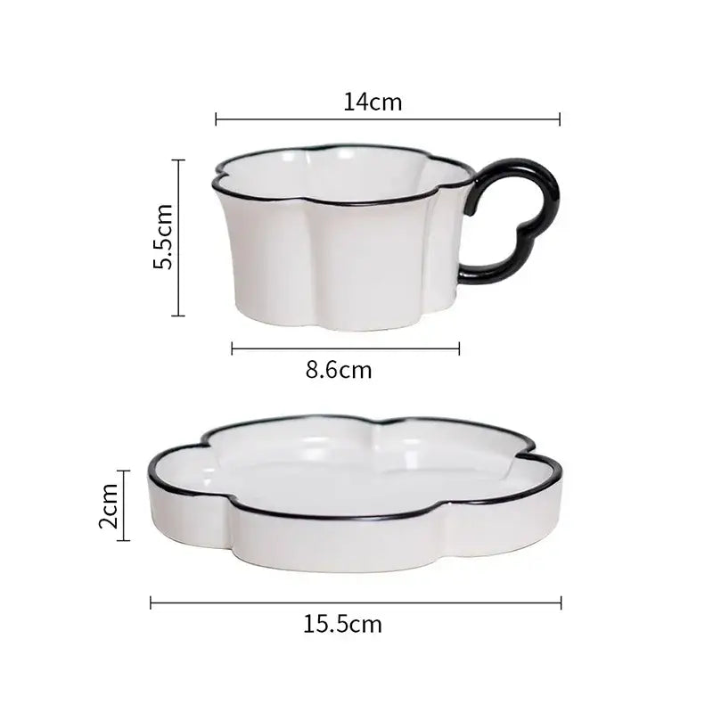 Black edged flower mug set – kitchen white & black ceramic cup