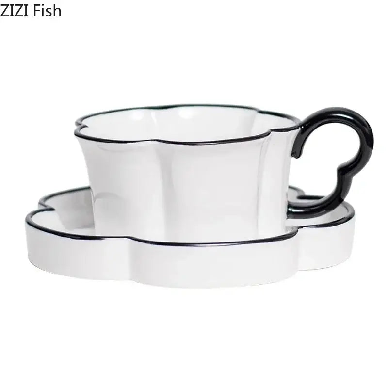 Black edged flower mug set – kitchen white & black ceramic cup