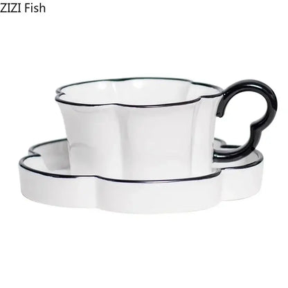 Black edged flower mug set – kitchen white & black ceramic cup