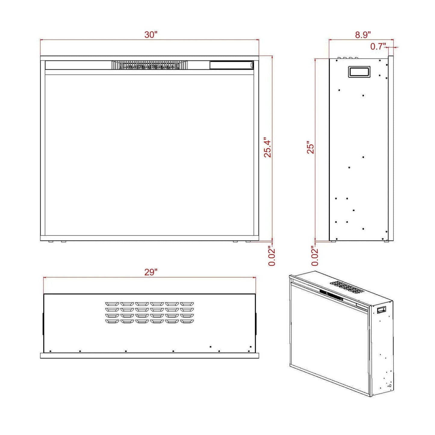 Black Electric Fireplace Heater Insert with Overheating Protection and Remote Control