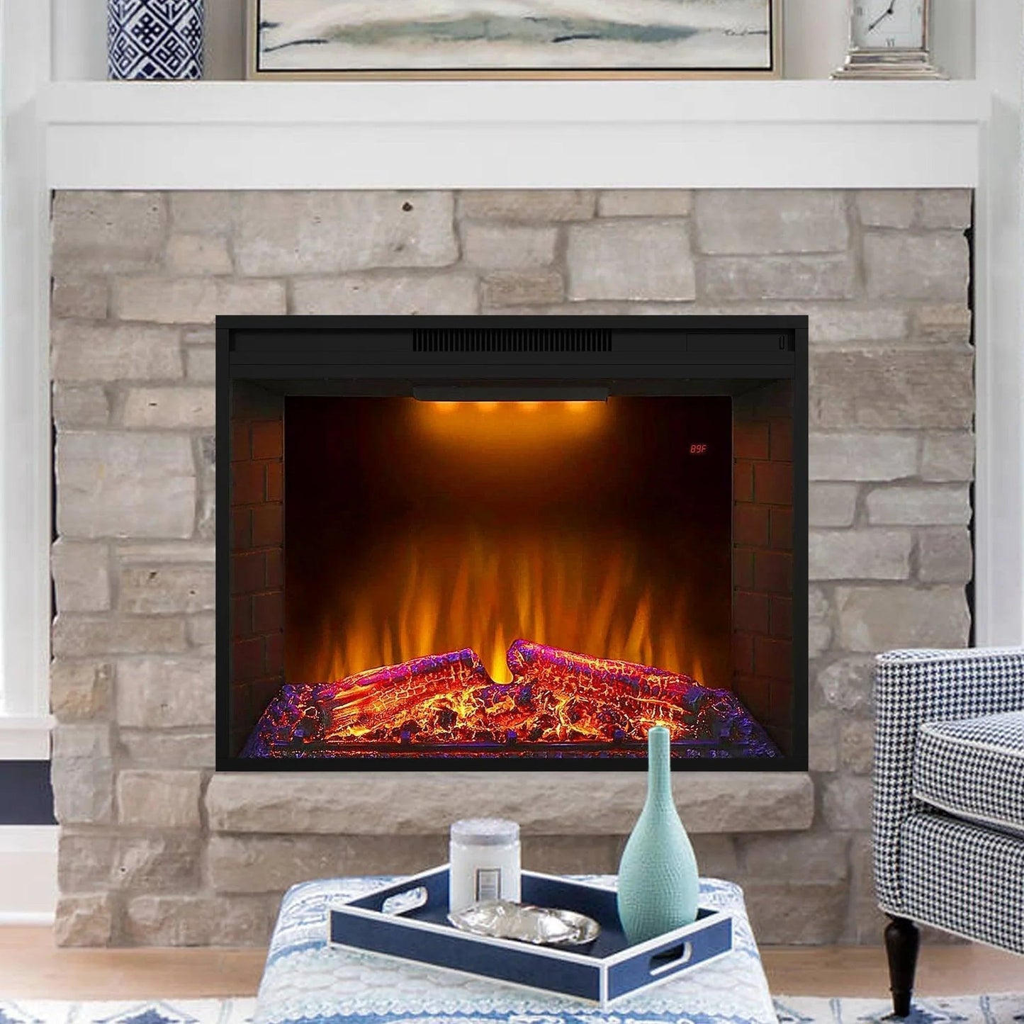 Black Electric Fireplace Heater Insert with Overheating Protection and Remote Control