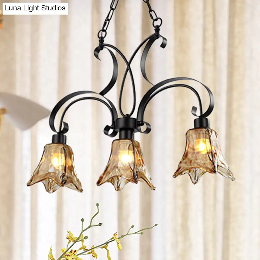 DecorBites™ Black Flower Island Pendant with Textured Glass - Perfect for Dining Room - 3 Bulb Hanging Ceiling Light
