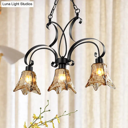 DecorBites™ Black Flower Island Pendant with Textured Glass - Perfect for Dining Room - 3 Bulb Hanging Ceiling Light