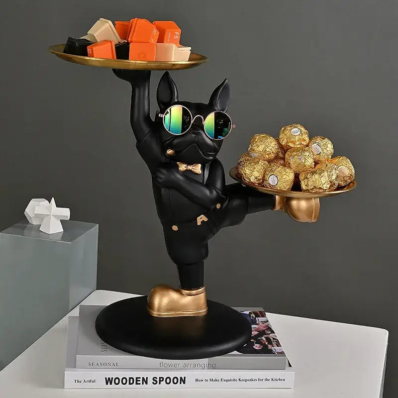 Black french bulldog butler decor tray – living room dog statue