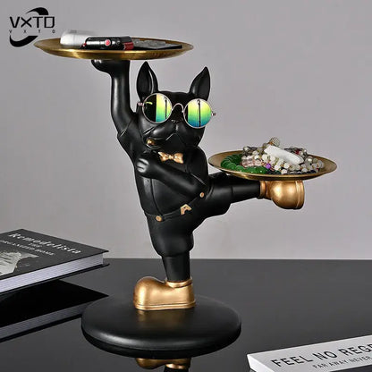 Black french bulldog butler decor tray – living room dog statue