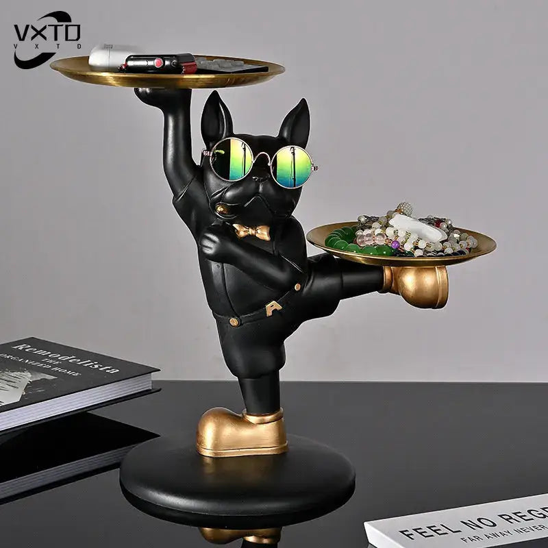 Black french bulldog butler decor tray – living room dog statue