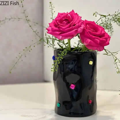 Black gemstone ceramic vase bedroom desk decor