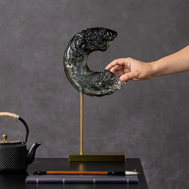 Black glass dragon sculpture crescent moon living room decor