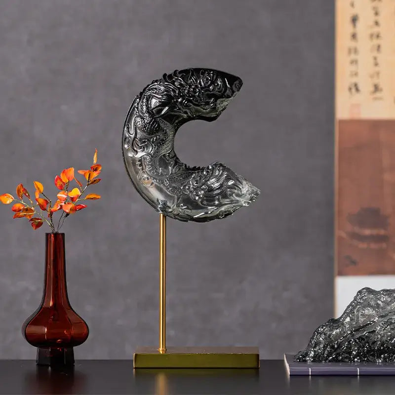 Black glass dragon sculpture crescent moon living room decor
