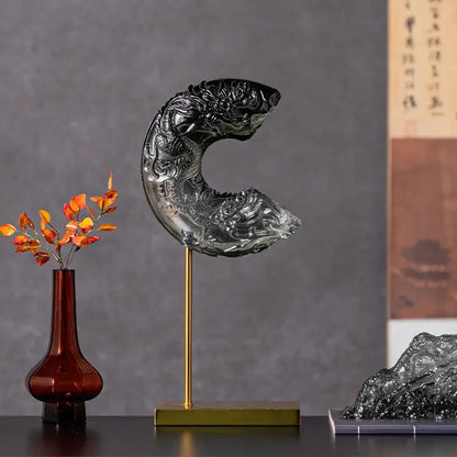 Black glass dragon sculpture crescent moon living room decor