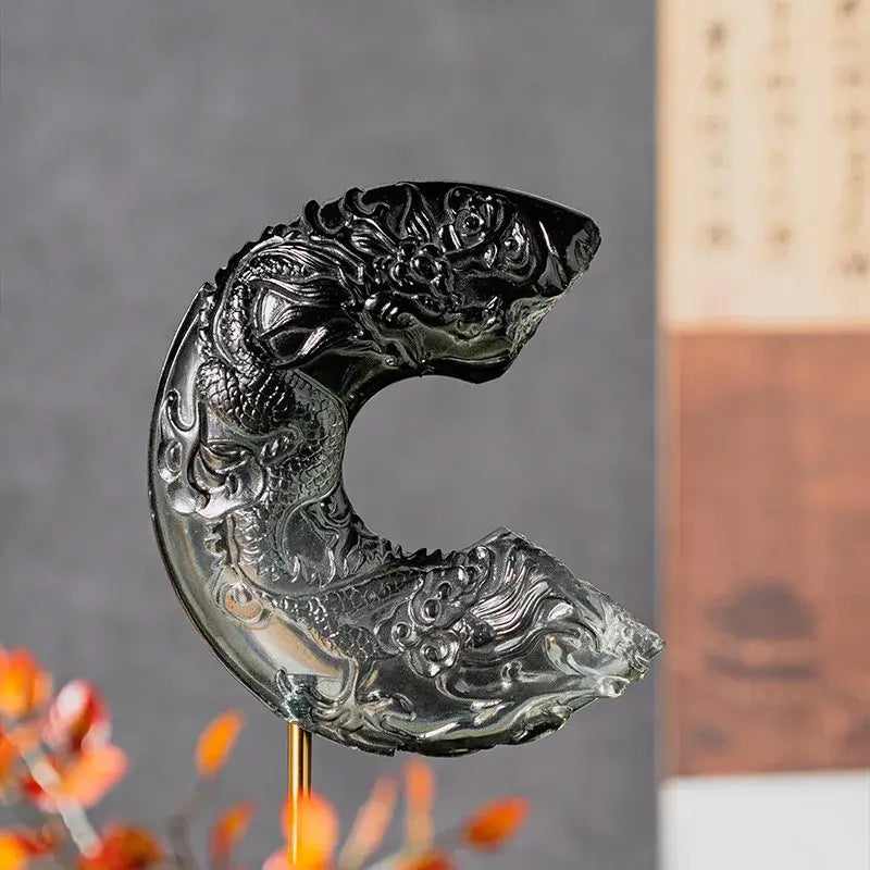 Black glass dragon sculpture crescent moon living room decor