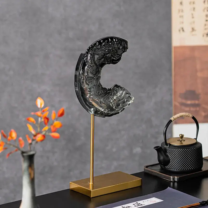 Black glass dragon sculpture crescent moon living room decor