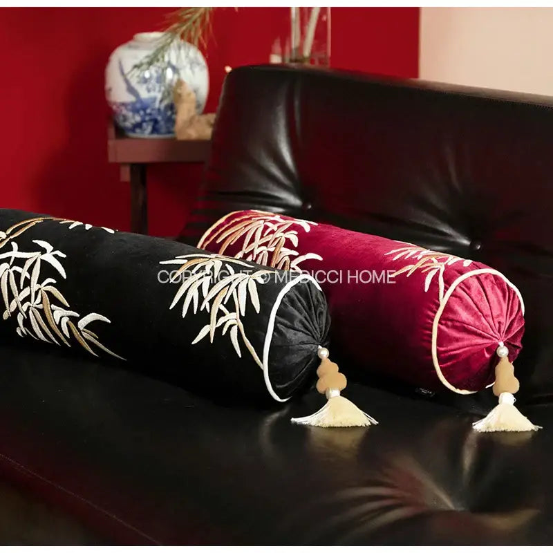 Black & gold bamboo leaves embroidery bolster pillow covers bedroom