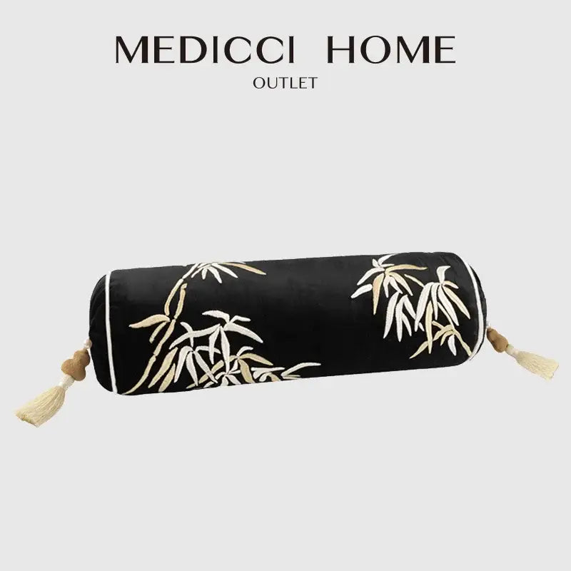 Black & gold bamboo leaves embroidery bolster pillow covers bedroom