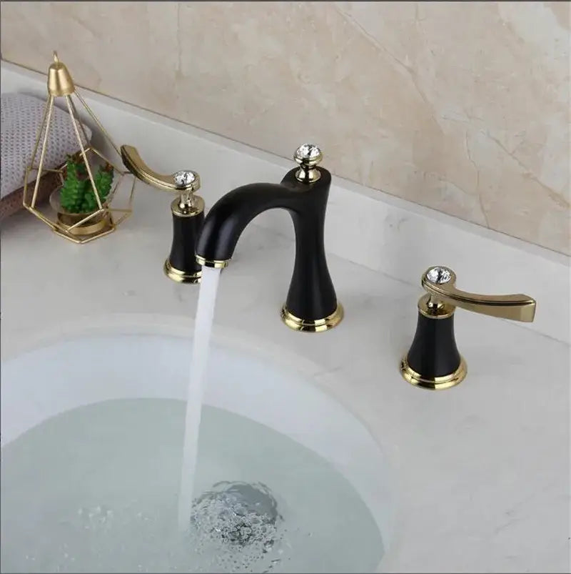 Black & gold crystal waterfall brass bathroom sink faucets