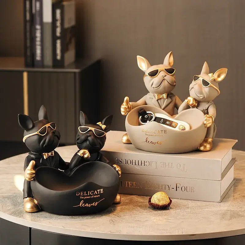 Black & gold french bulldog butler statue office desk organizer