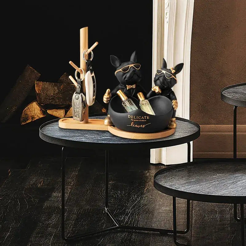 Black & gold french bulldog butler statue office desk organizer
