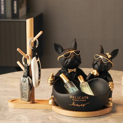 Black & gold french bulldog butler statue office desk organizer