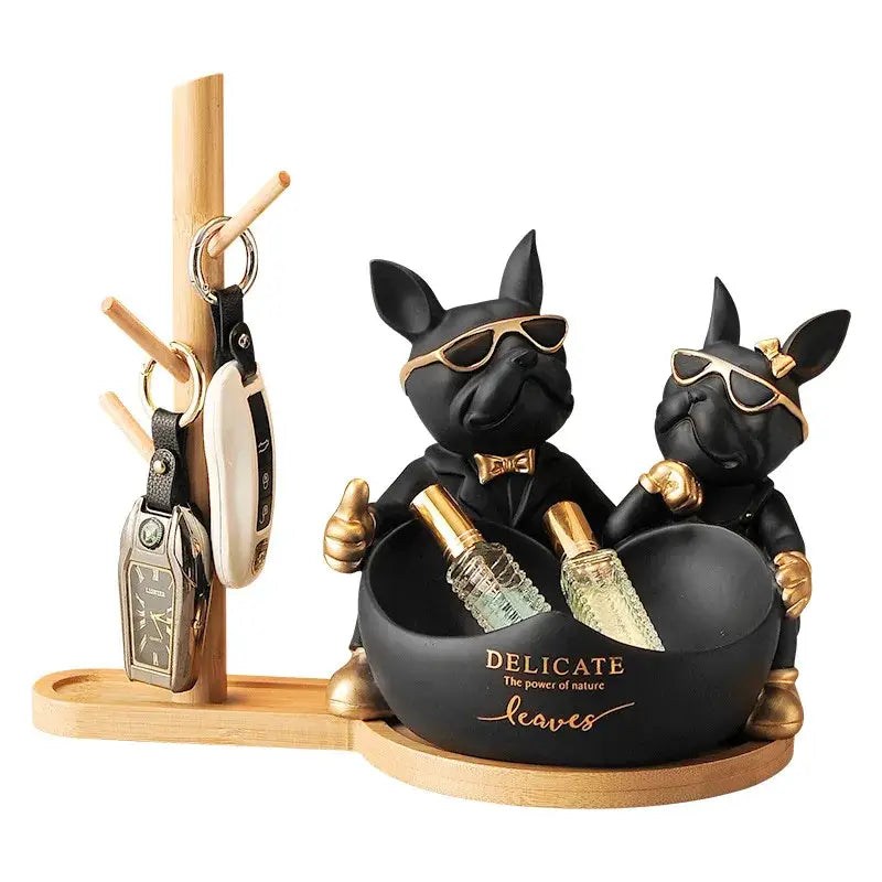 Black & gold french bulldog butler statue office desk organizer