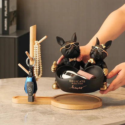 Black & gold french bulldog butler statue office desk organizer