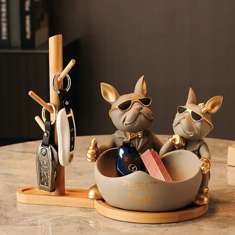 Black & gold french bulldog butler statue office desk organizer