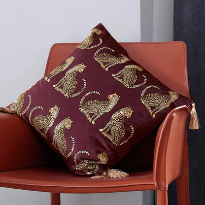 Black & gold leopard print throw pillow cover living room tassels