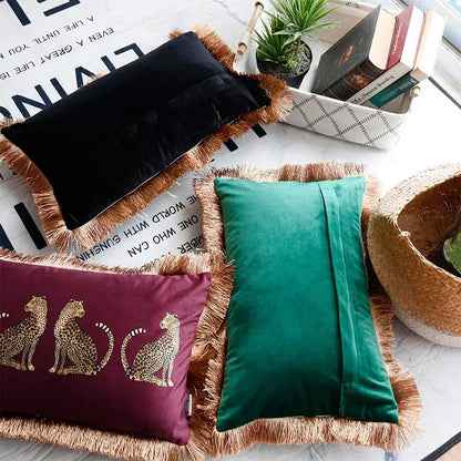 Black & gold leopard print throw pillow cover living room tassels