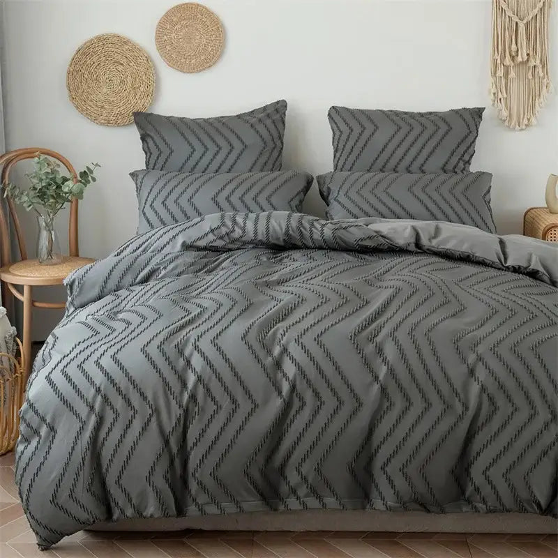Black & gray zigzag stripe flower cut duvet cover bedroom set
