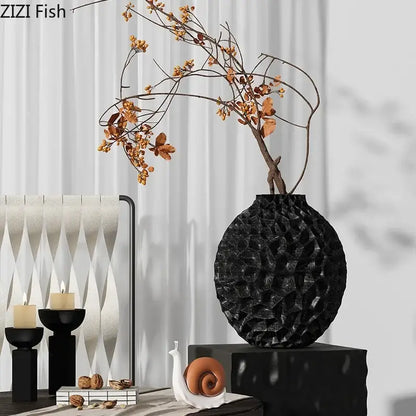 Black honeycomb texture ceramic vase living room artificial flower arrangement