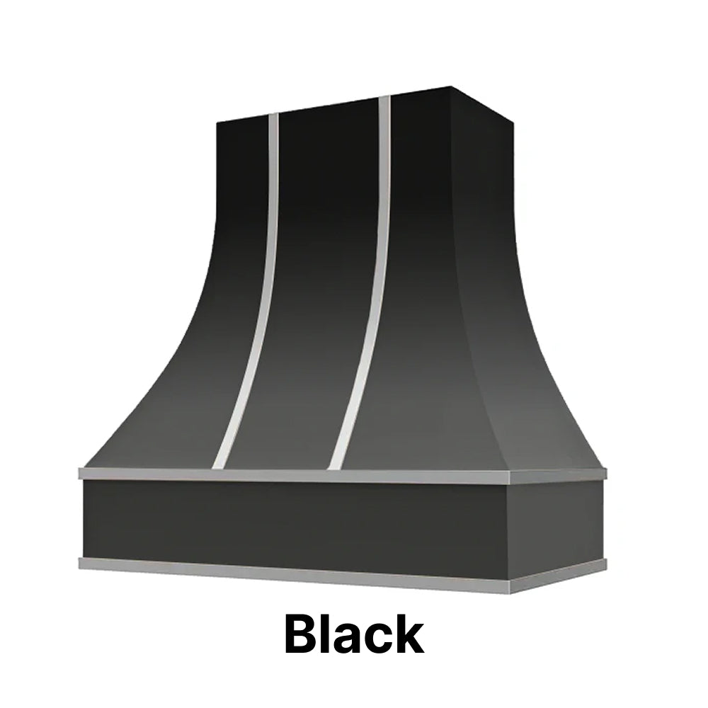 Wood Range Hood With Curved Front, Silver Strapping and Block Trim - 30", 36", 42", 48", 54" and 60" Widths Available