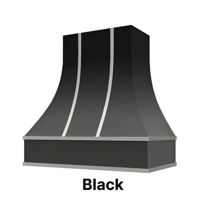 Wood Range Hood With Curved Front, Silver Strapping and Block Trim - 30", 36", 42", 48", 54" and 60" Widths Available