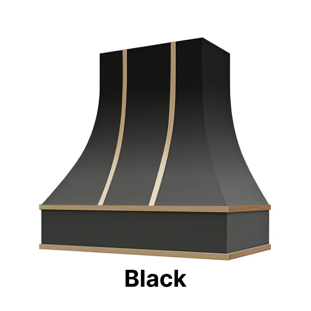 Wood Range Hood With Curved Front and Brass Strapping and Flat Trim - 30" 36" 42" 48" 54" and 60" Widths Available